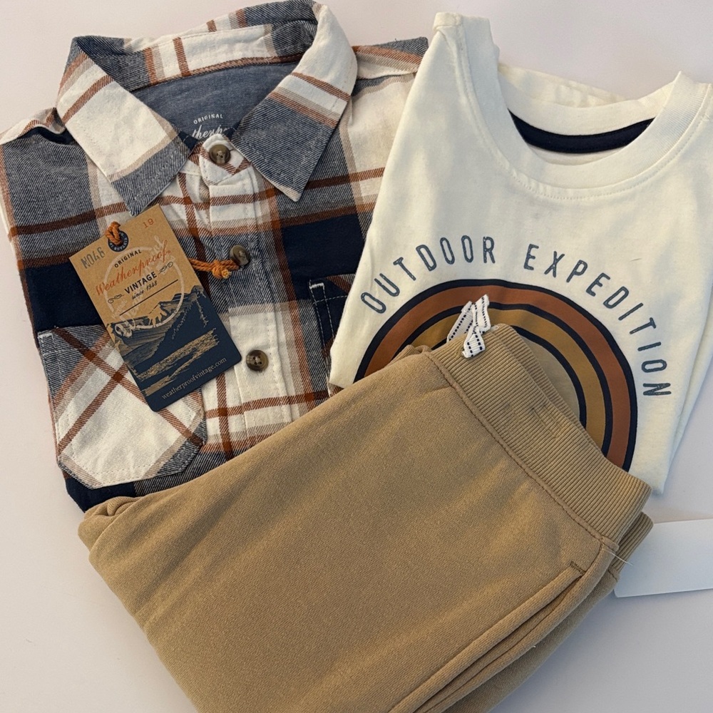 Weatherproof Vintage Navy and Brown Plaid Shirt w/ Matching Joggers & T Shirt